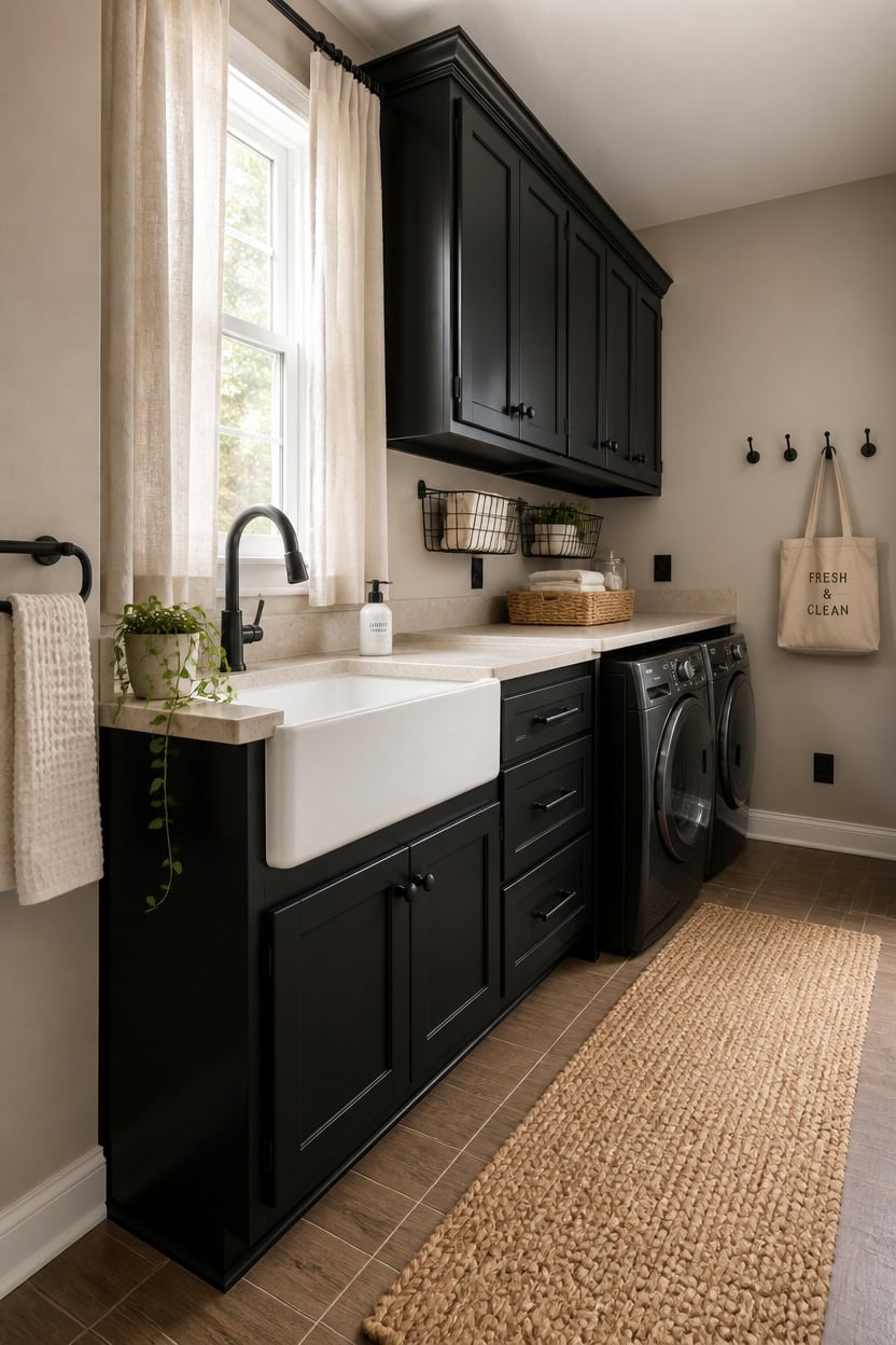 Bright laundry room featuring black cabinetry, a farmhouse sink, and natural light from a window. Pe.