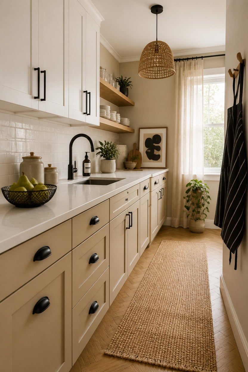Bright kitchen with white cabinetry and black accents.