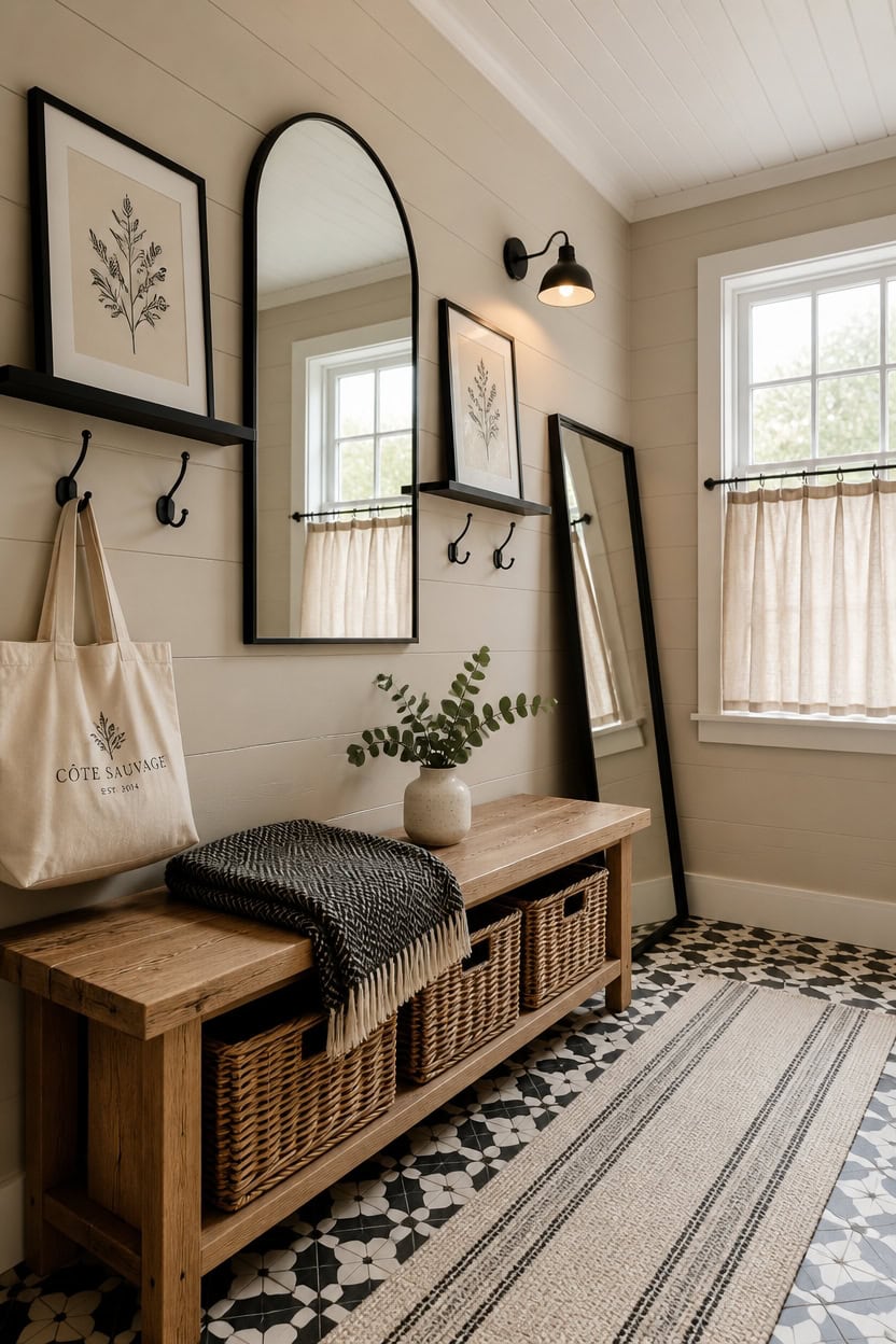 Entryway with mirrors, wall art, and a wooden bench.