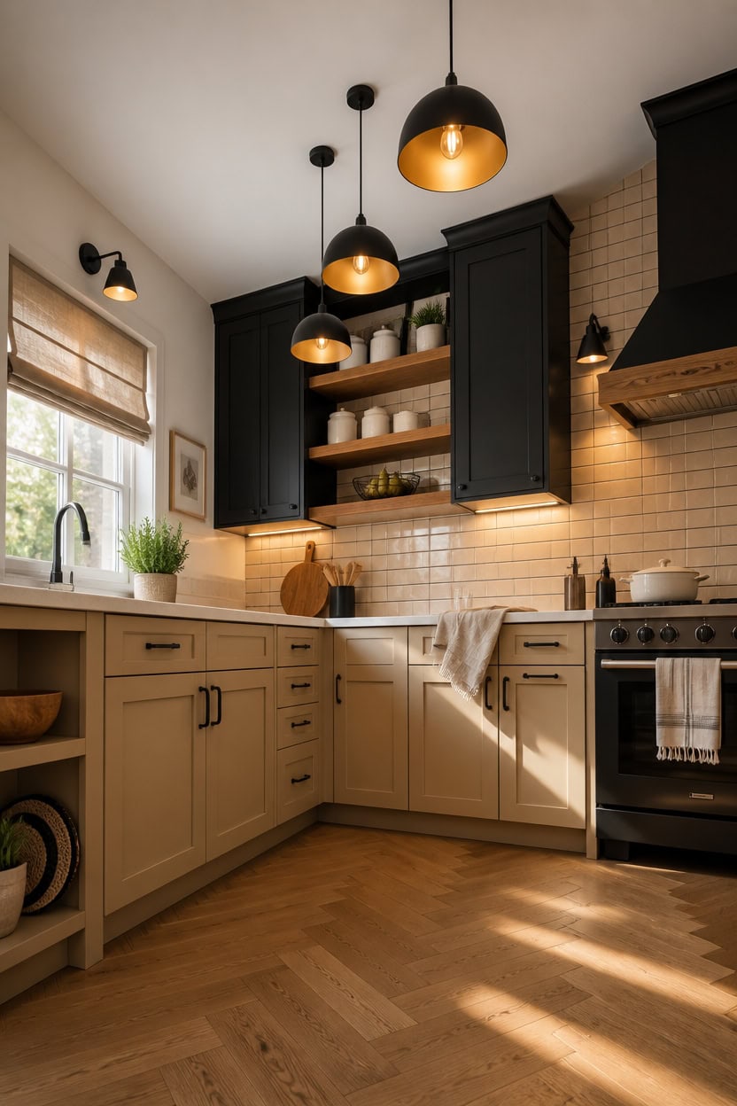Modern kitchen with black upper cabinets, white lower cabinets, and warm lighting.