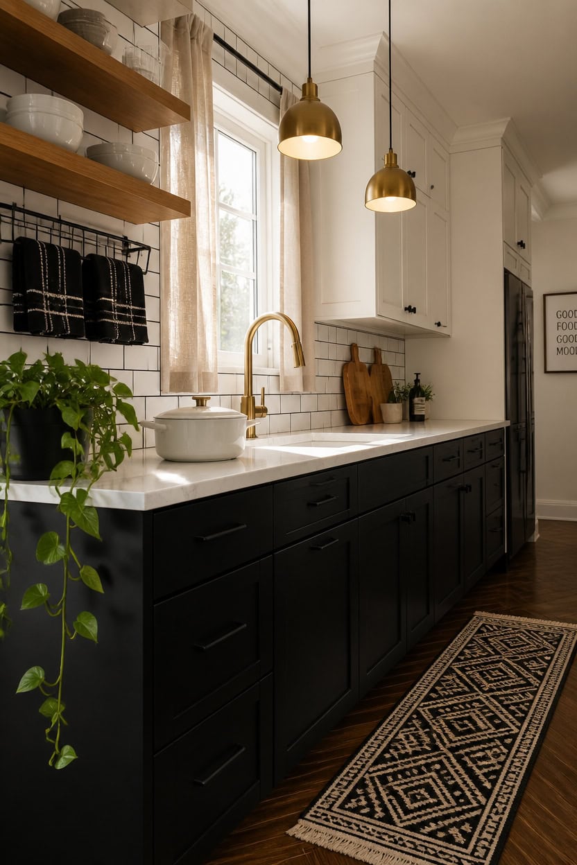 Modern kitchen featuring black cabinetry, white countertops, and stylish gold pendant lighting. Brig.