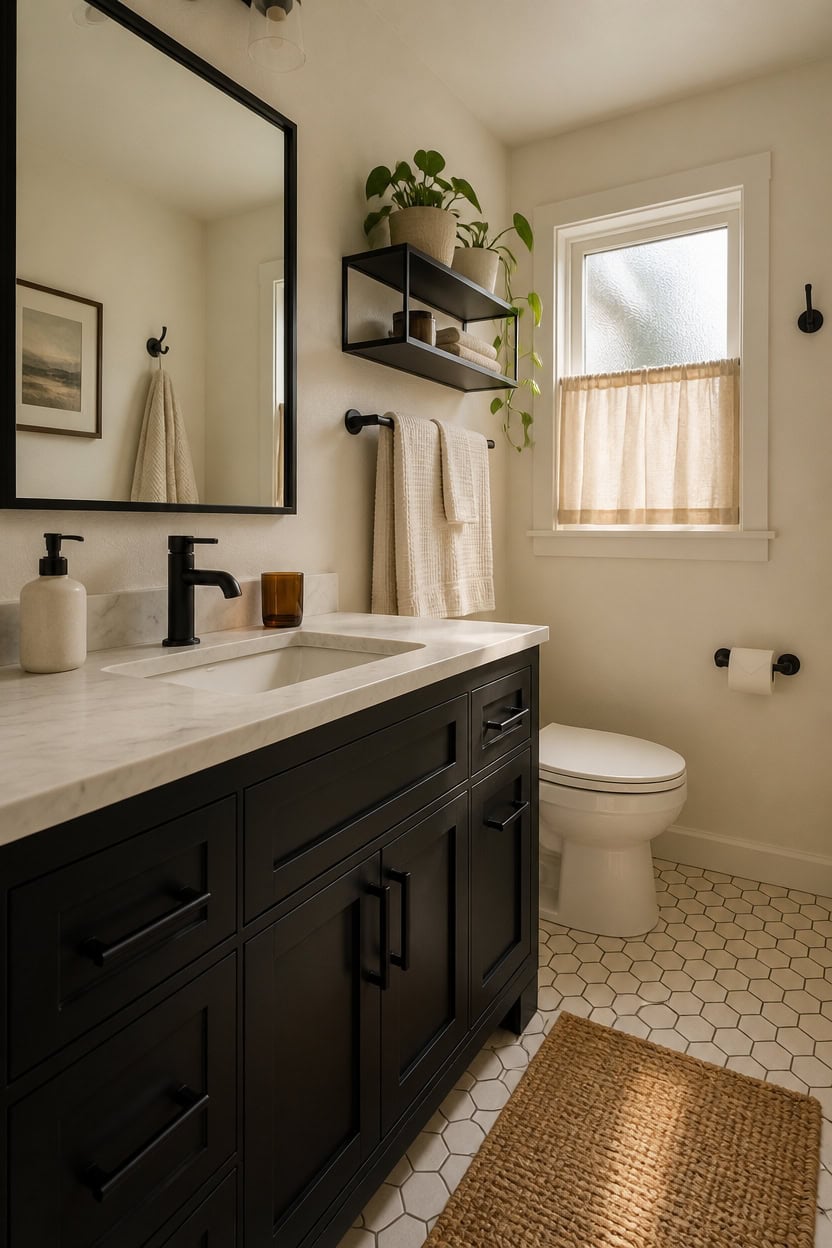 Bathroom with black vanity, mirror, and window for natural light.