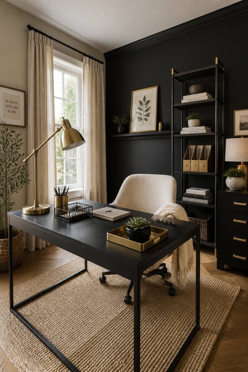 Home office featuring a black accent wall, white desk, and stylish decor. Bright, cozy workspace ide.