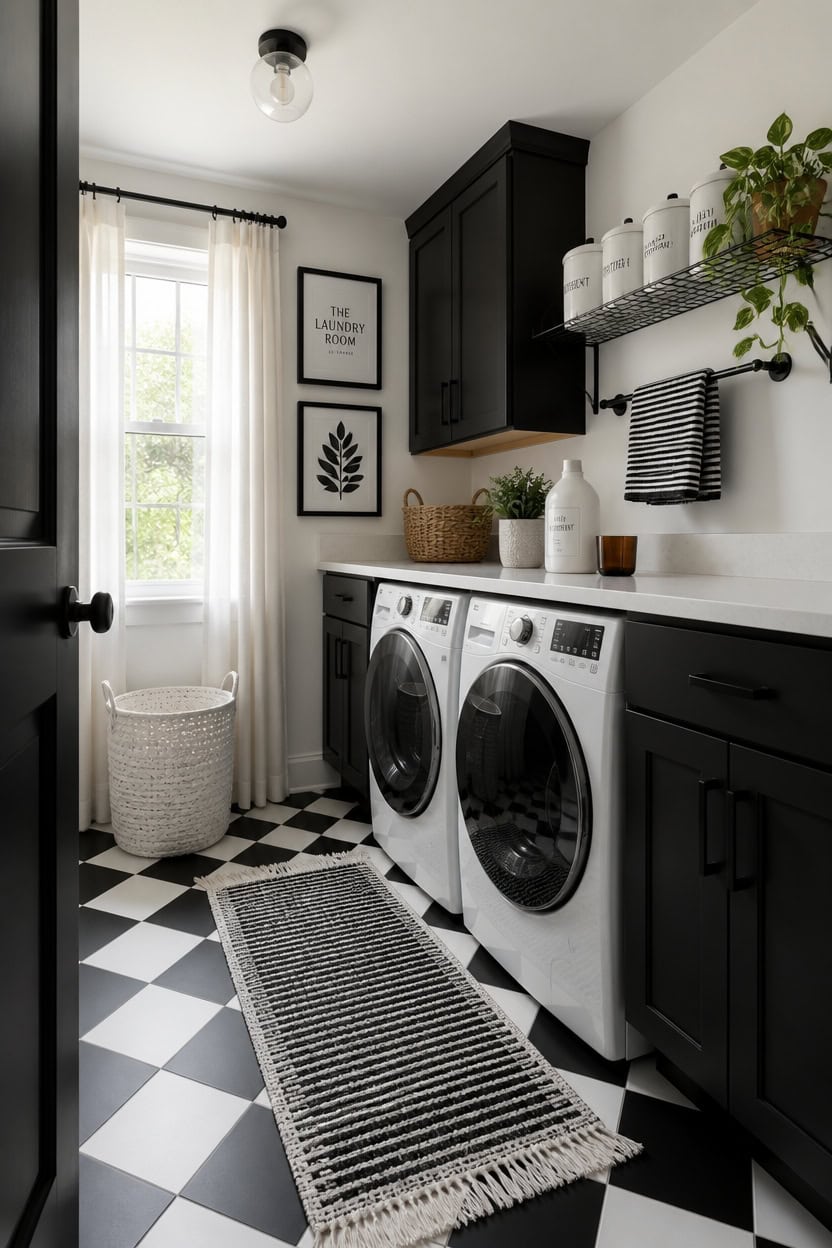 Bright laundry room featuring black cabinetry, white walls, and a checkered black-and-white floor. I.