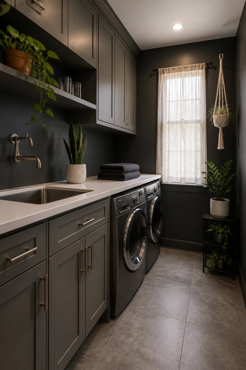 matte foliage contrasts charcoal walls