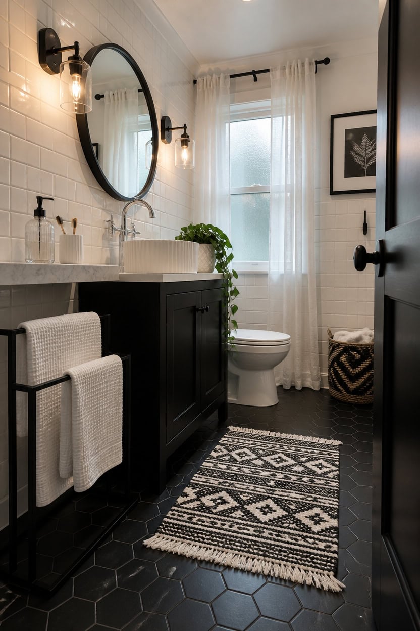 Modern bathroom featuring a black vanity, round mirror, and natural light from a window.