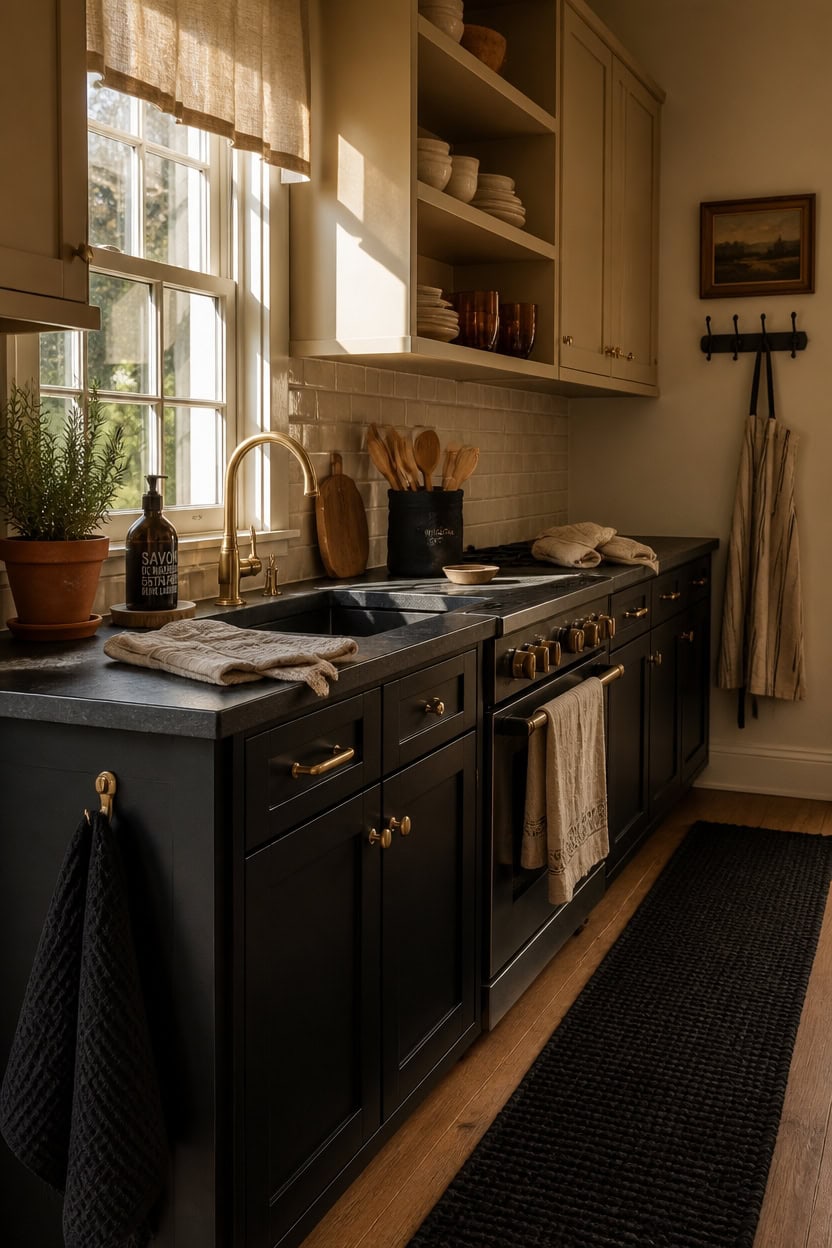 Bright kitchen with black cabinets and open shelving.