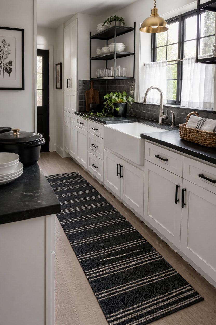 Bright modern kitchen with white cabinets, black countertops, open shelves, and a farmhouse sink.