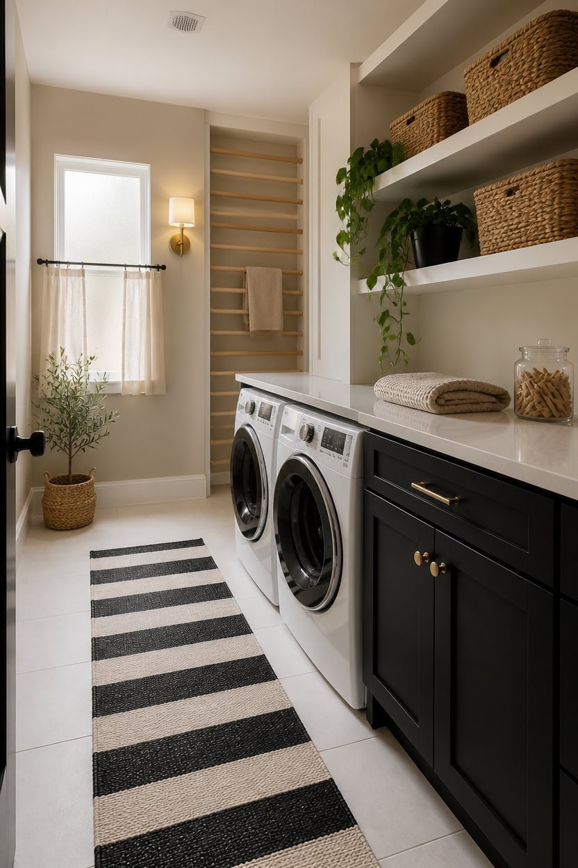 Bright laundry room with washer and dryer, open shelving, and natural light. Modern design with orga.