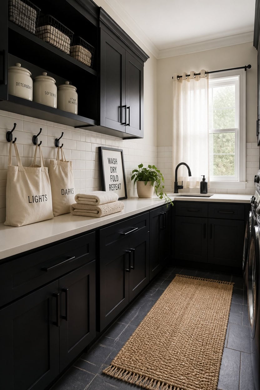Modern laundry room with black cabinets, white subway tile backsplash, and natural light.