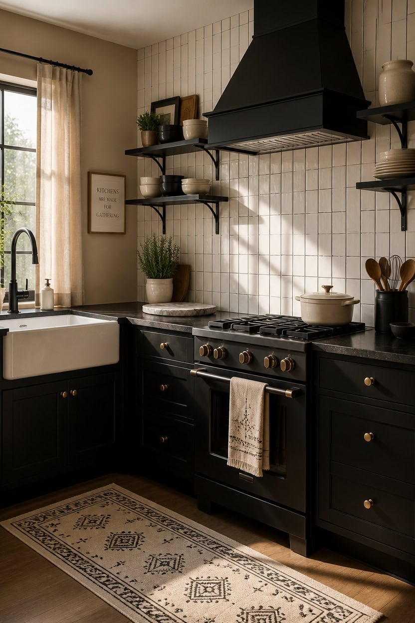 Modern kitchen with black cabinets, open shelves, and a farmhouse sink.
