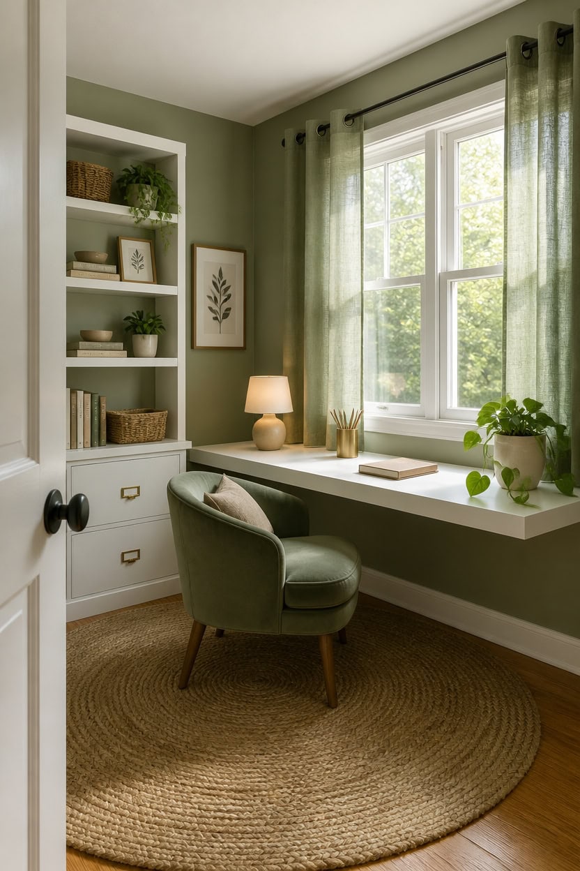 Bright home office with green walls, large window, and cozy seating area.