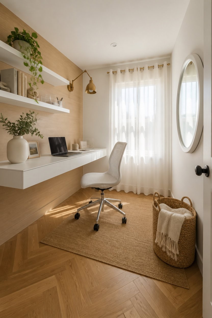 Bright home office with a white desk, ergonomic chair, and decorative plants. Perfect for productivi.