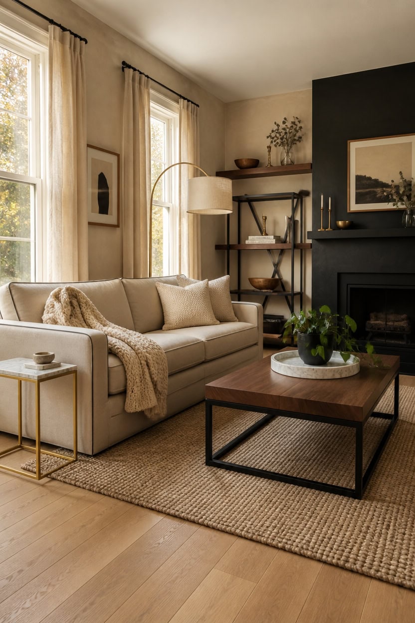 Bright living room with beige sofa, large windows, and modern decor.