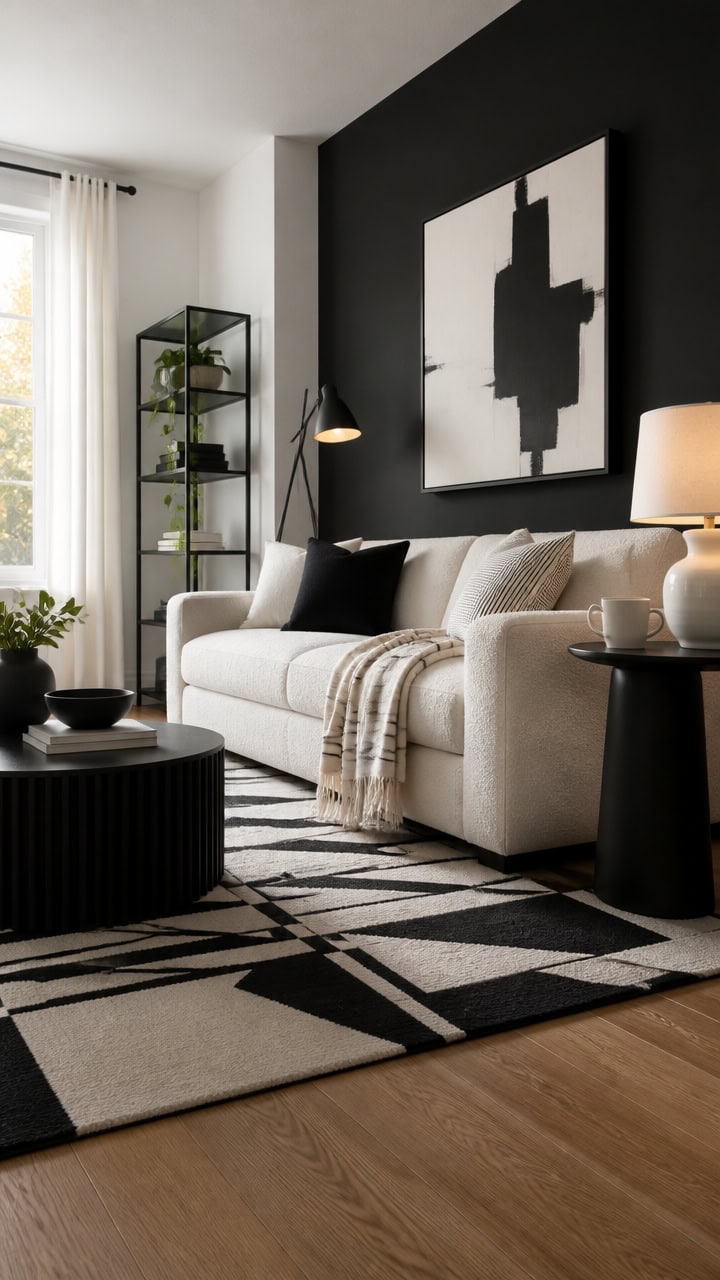 Elegant apartment interior with a comfortable sofa, contemporary artwork, and natural light.