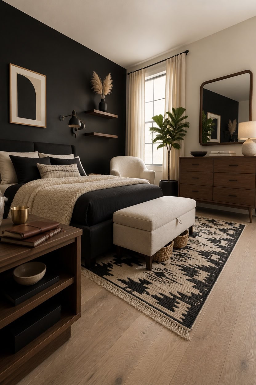 Cozy bedroom featuring a dark accent wall, large window with curtains, and stylish decor including a.