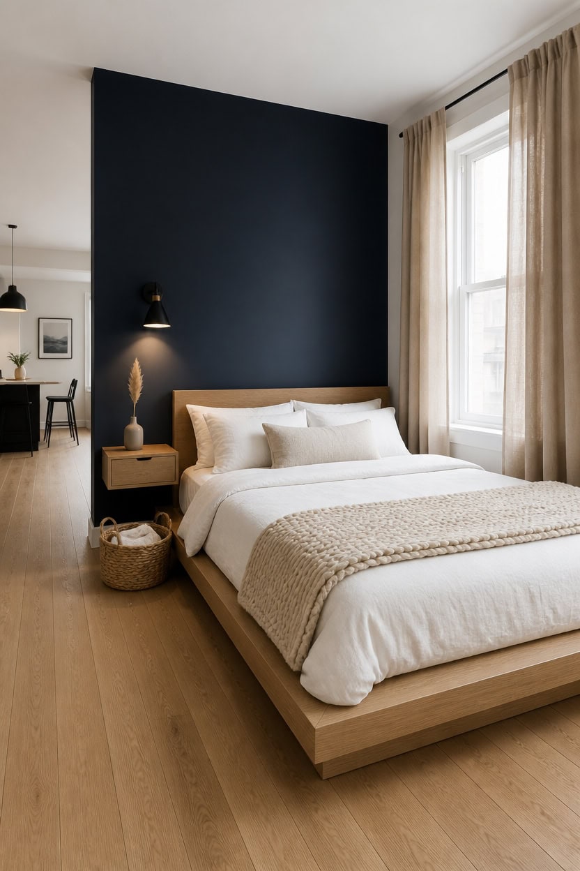 Modern bedroom with a large window, beige curtains, and minimalist decor.