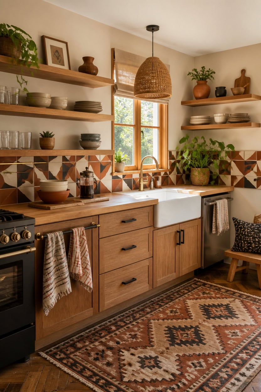Bright kitchen with open wooden shelves and a farmhouse sink.