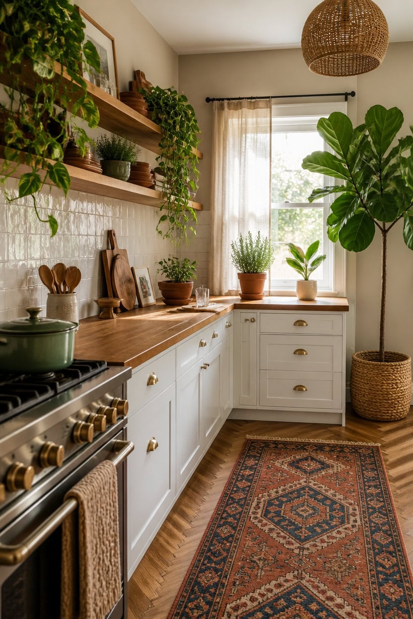 Bright kitchen with white cabinets, wooden countertops, and lush green plants by the window.