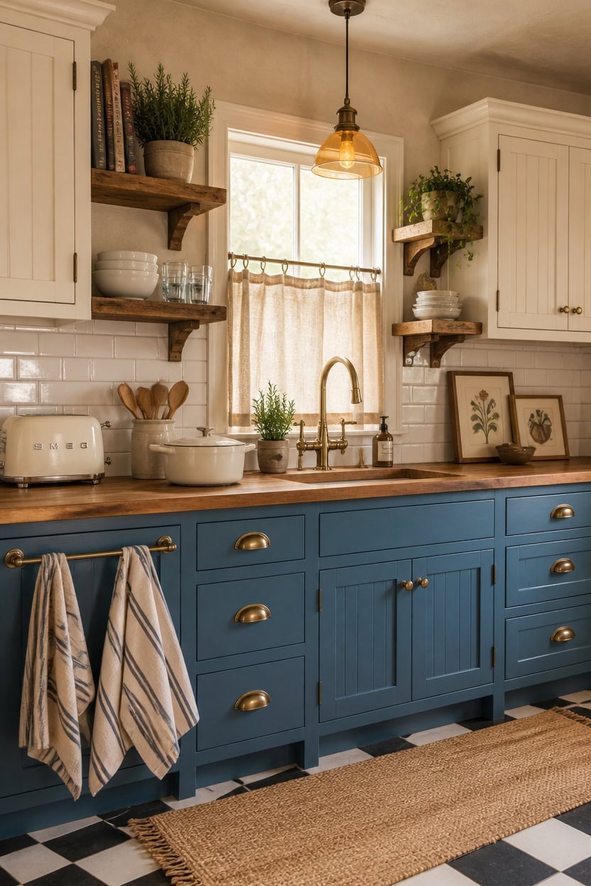Bright kitchen featuring blue cabinets, open shelving, and a large window with natural light.