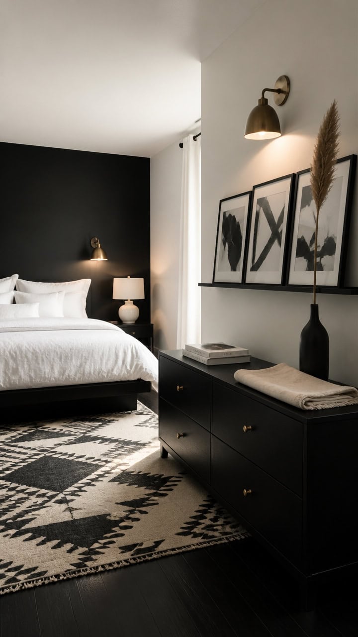Elegant bedroom interior featuring monochrome design, wall art, and ambient lighting for a sophistic.