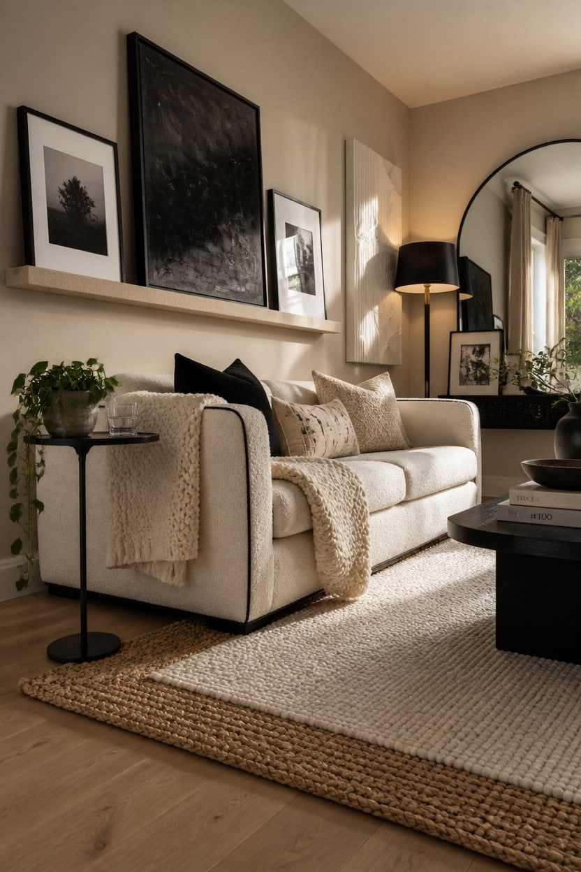 Stylish living room with neutral tones, artwork, and cozy furnishings.