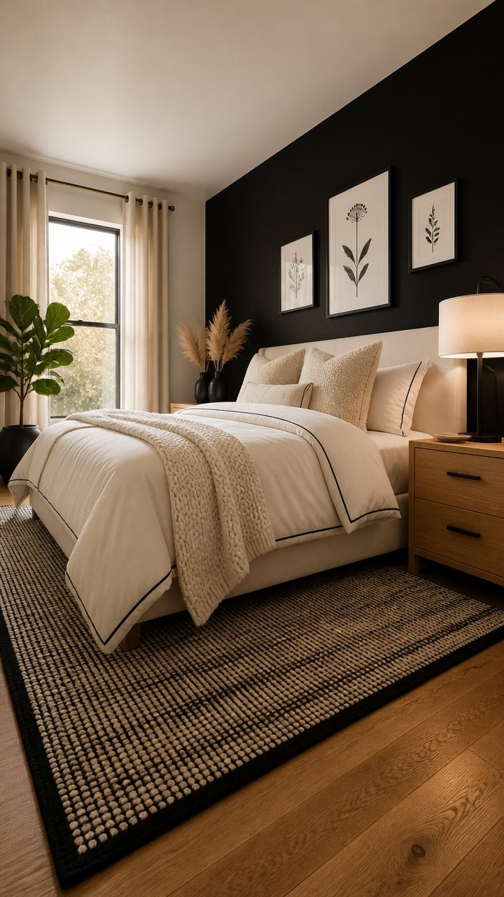 Bedroom with large window, neutral decor, and stylish wall art.