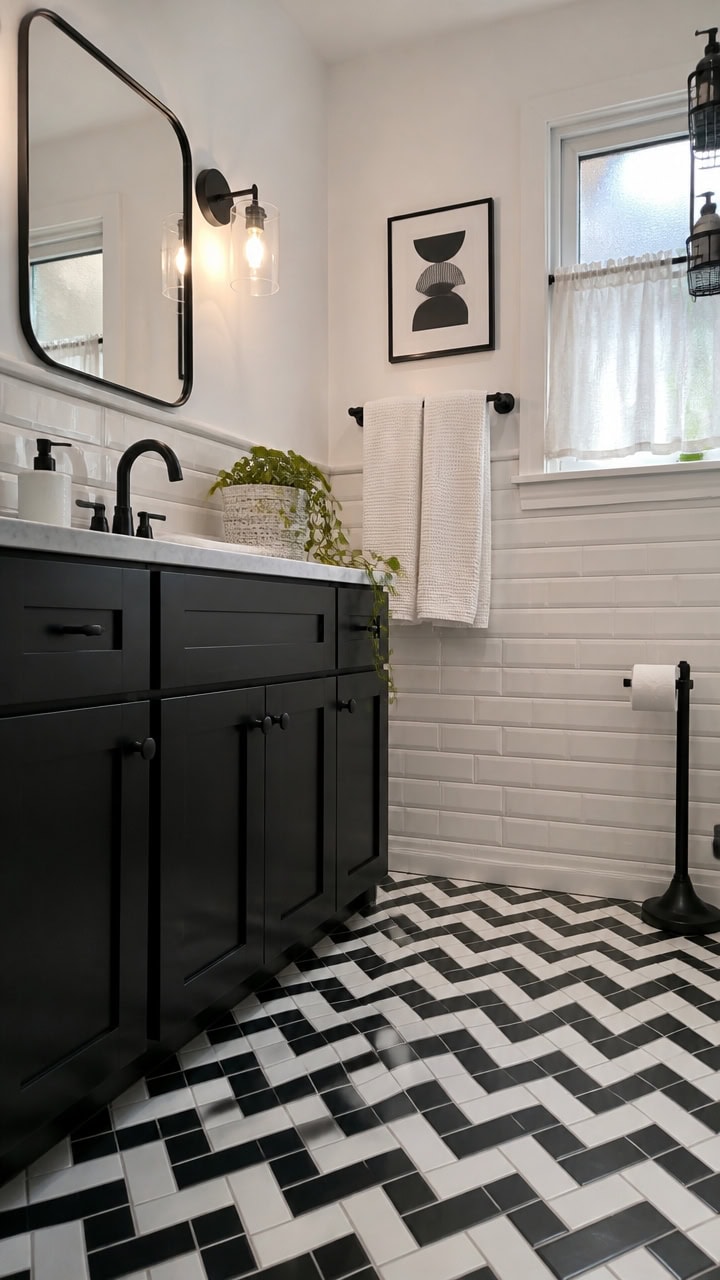 Black bathroom vanity with mirror, white walls, and chevron tile floor in a stylish, contemporary sp.