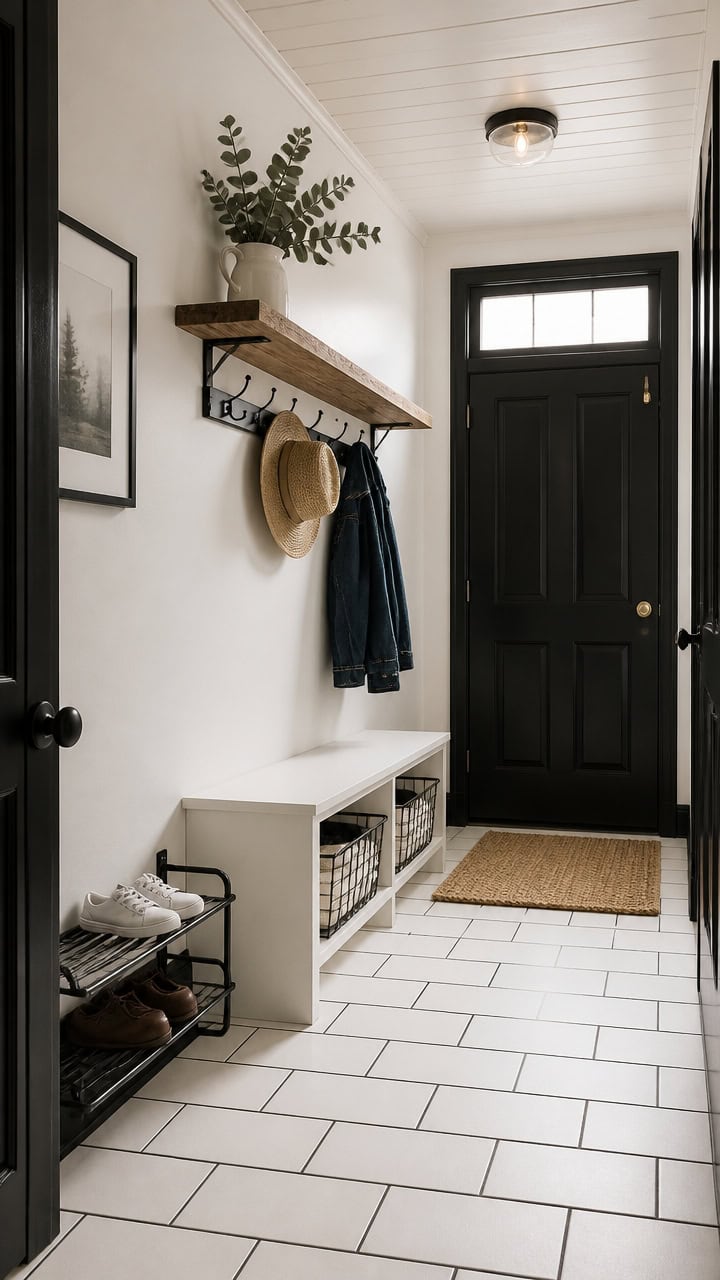 Entryway with black front door, wall hooks, and decorative shelf in a contemporary home.