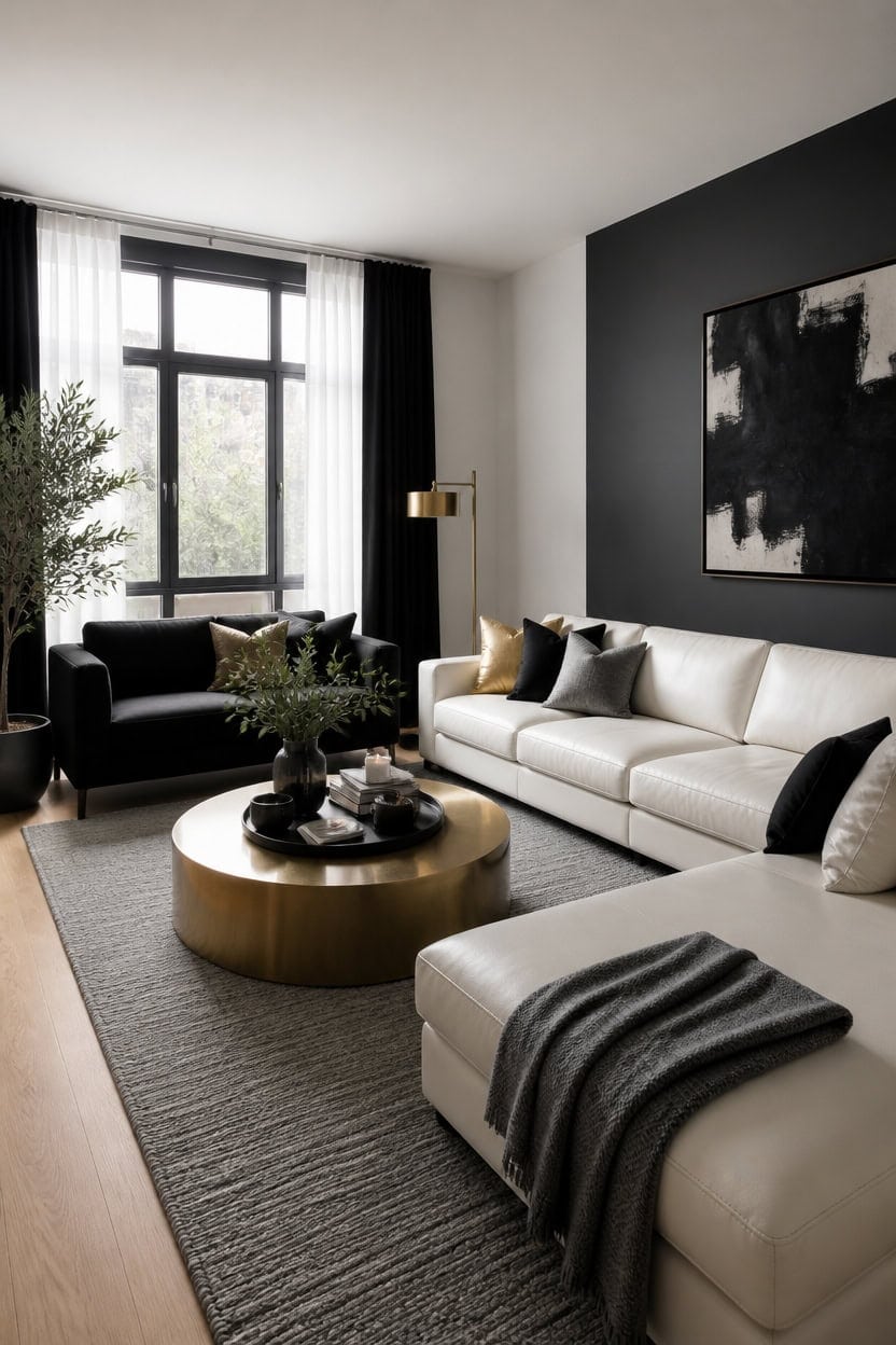 monochrome room with gold accents