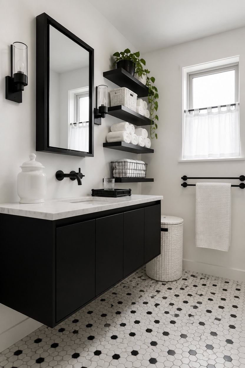 Black and white bathroom vanity with mirror, shelves, and decor accents.