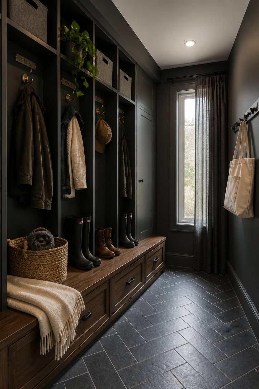 moody built in mudroom storage