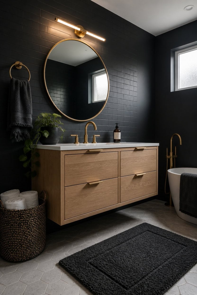Elegant bathroom featuring black tiled walls, a round mirror, and a wooden vanity with gold fixtures for a contemporary look.