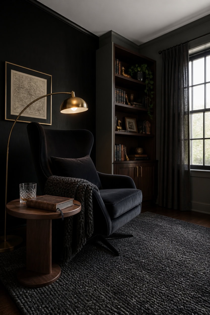 moody charcoal velvet reading chair