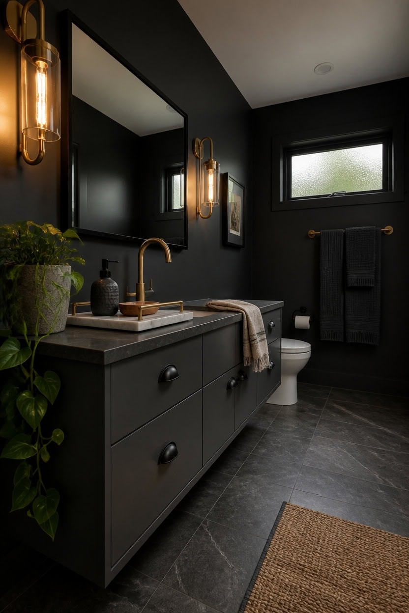 Stylish black bathroom with modern vanity, gold fixtures, and a large mirror, featuring dark walls and contemporary decor.
