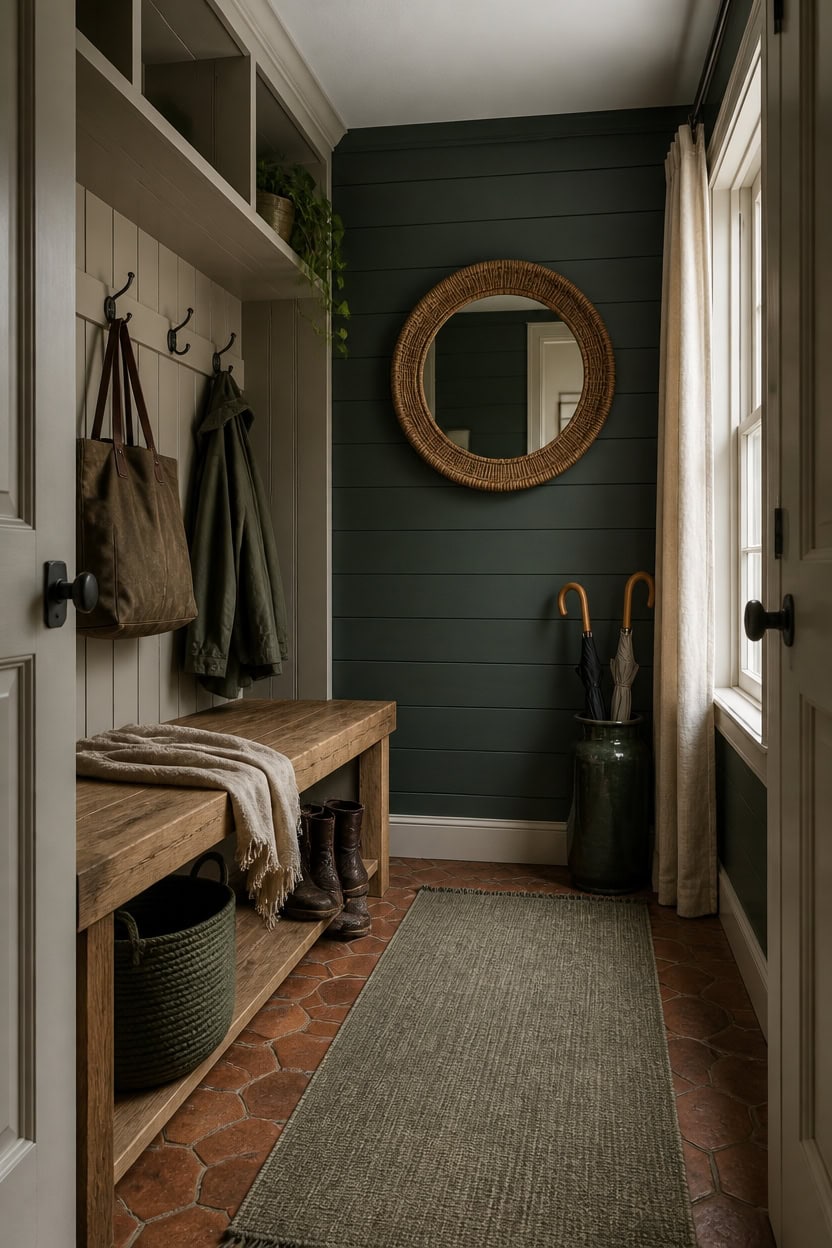 moody green mudroom makeover
