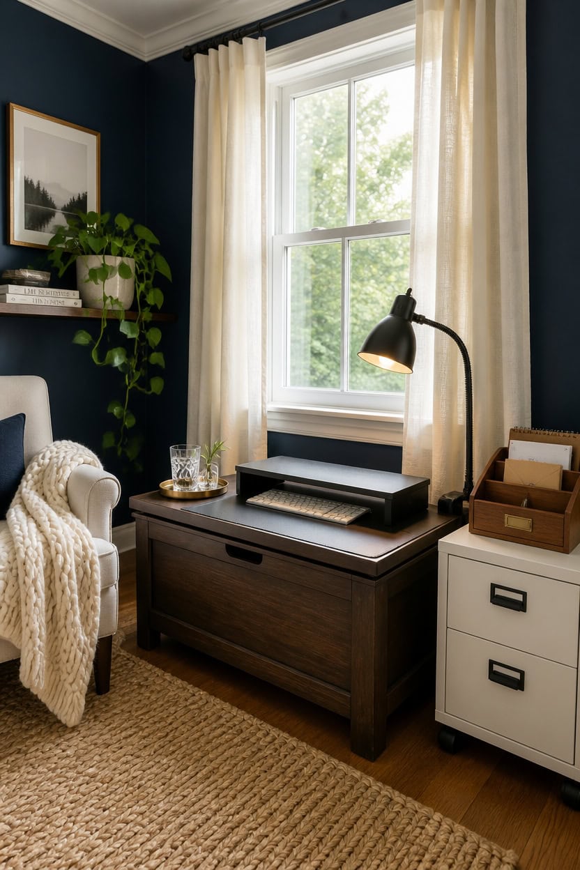 Bright home office with a large window, dark blue walls, and stylish decor. Perfect for working or r.