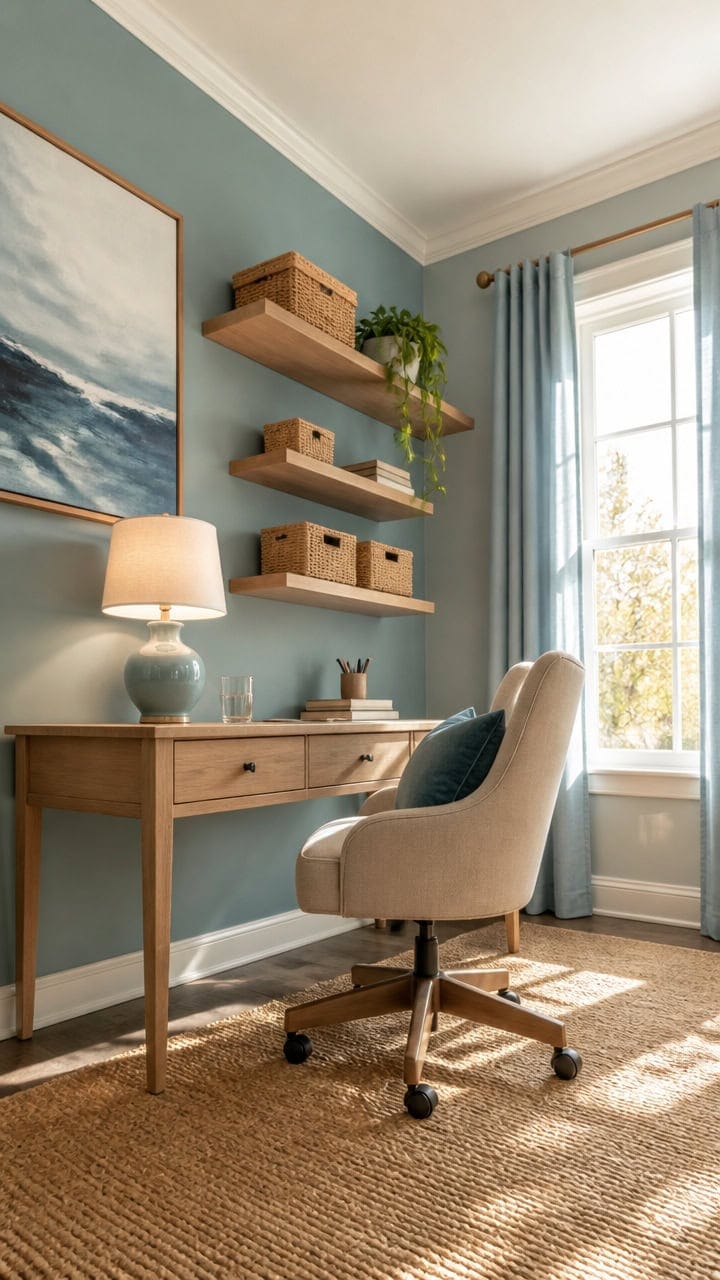 Home office with wooden shelves, a desk, and a comfortable chair, illuminated by natural sunlight through a large window, cre.