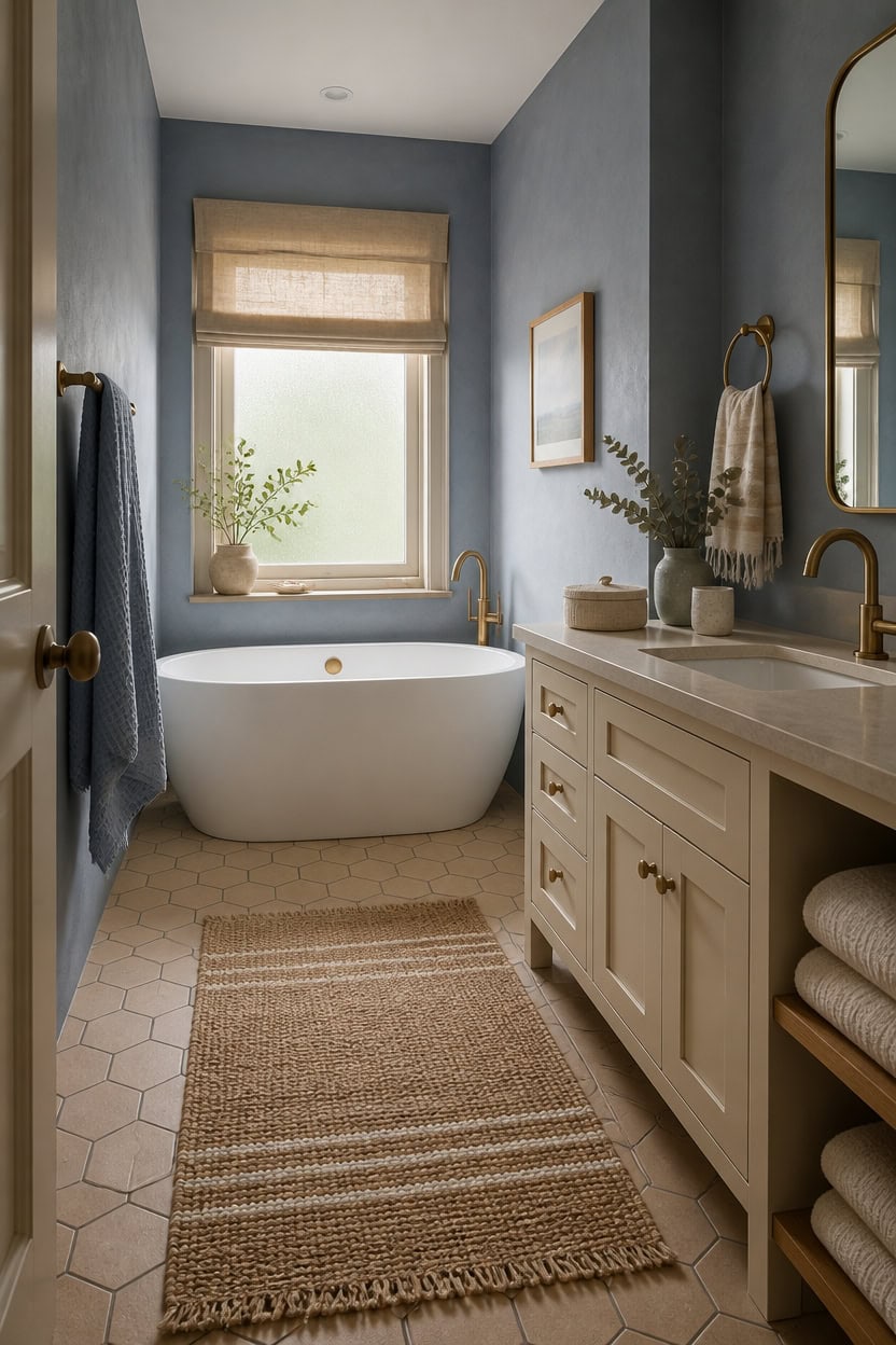 Bright bathroom featuring a freestanding bathtub and elegant vanity in a modern apartment.