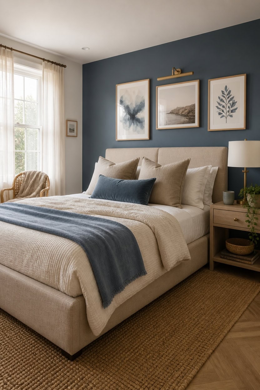 Modern bedroom with beige bed, blue accent wall, and framed artwork.
