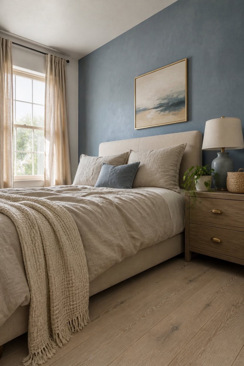 Bright bedroom with large window, beige bedding, and modern decor.