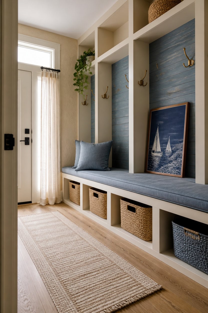 Bright entryway with built-in storage, blue cushion, and nautical decor, near a door with natural li.