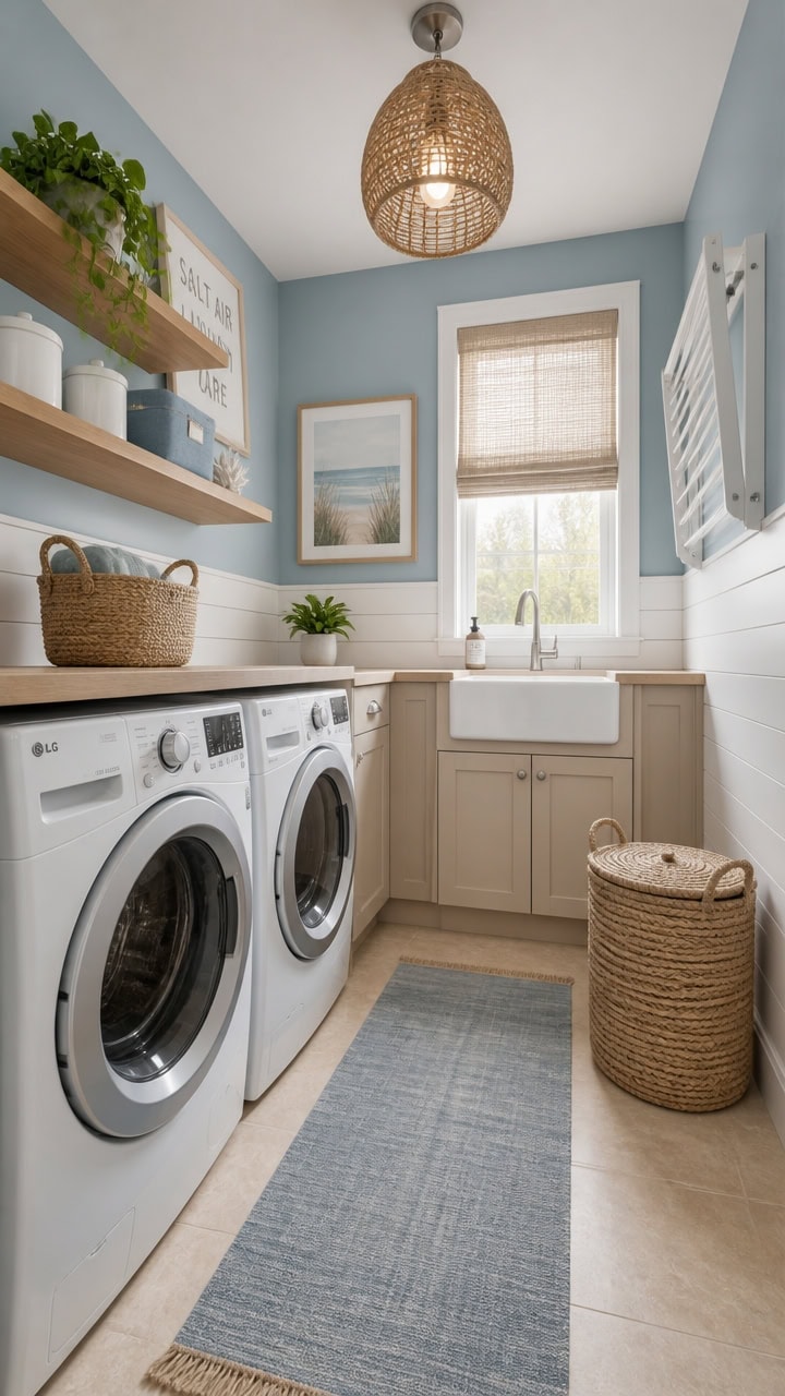 Bright laundry room featuring front-loading washer and dryer, a large window with natural light, and stylish decor for a func.