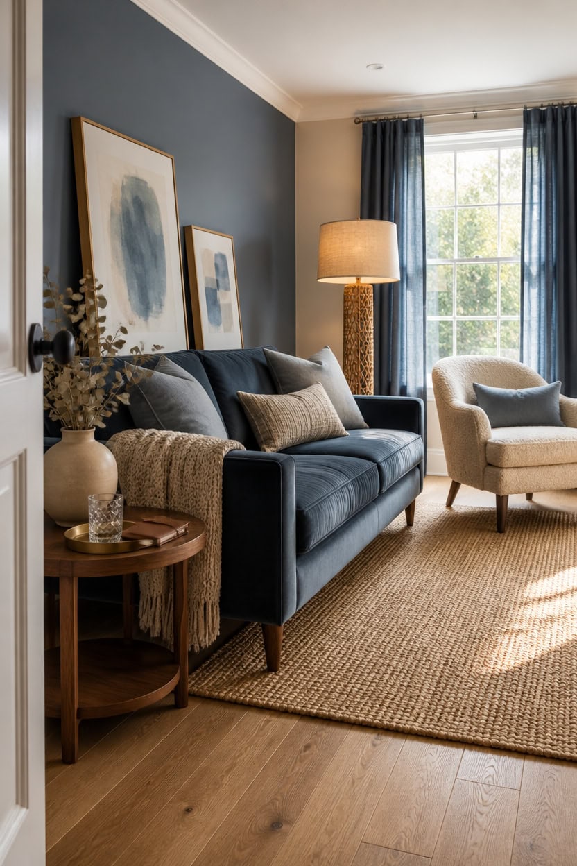 Cozy living room featuring a navy blue sofa, beige armchair, and stylish artwork, perfect for relaxi.