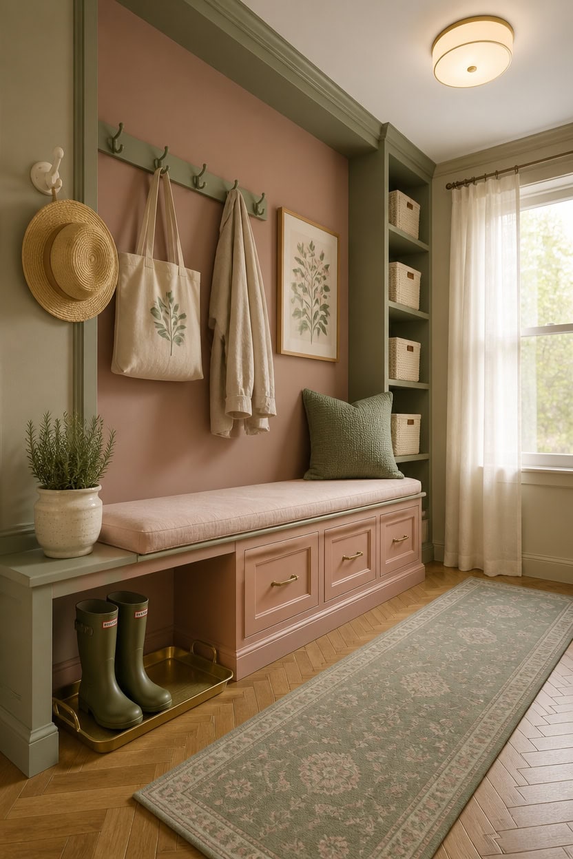 Entryway with built-in storage, hanging hooks, and decorative accents.