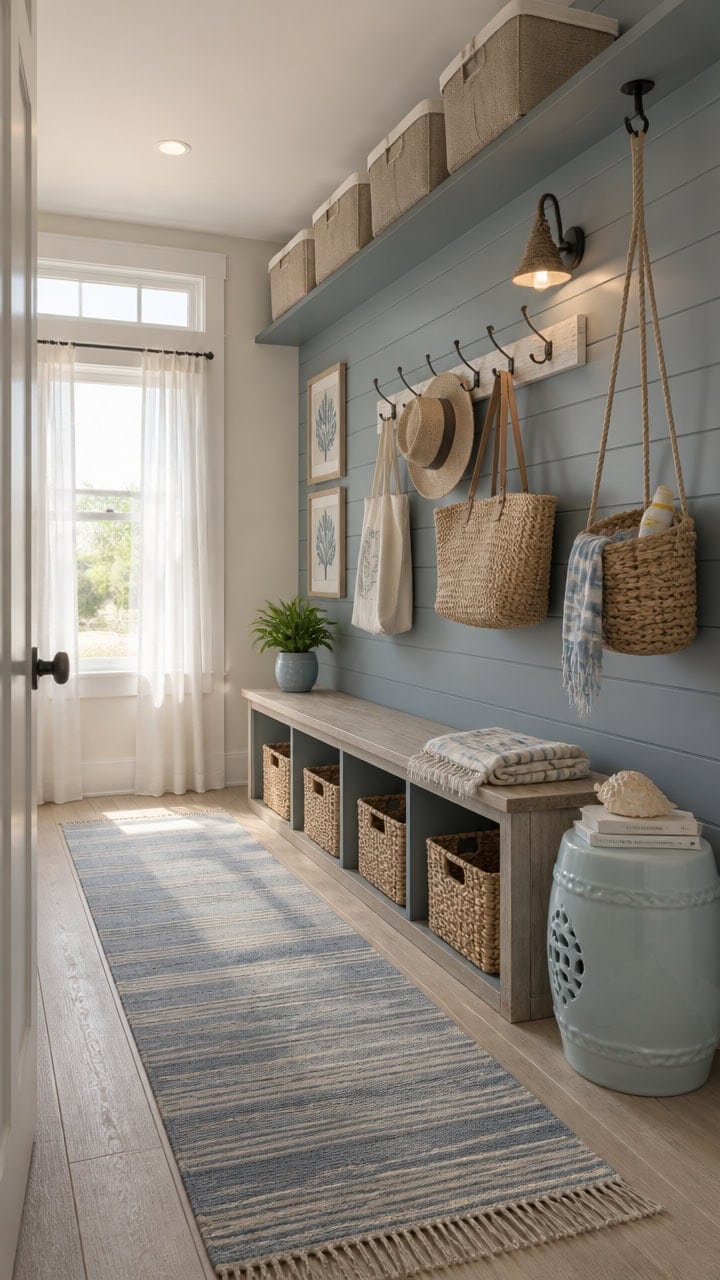 Entryway with wall hooks, baskets, and storage for a stylish and functional home entrance.