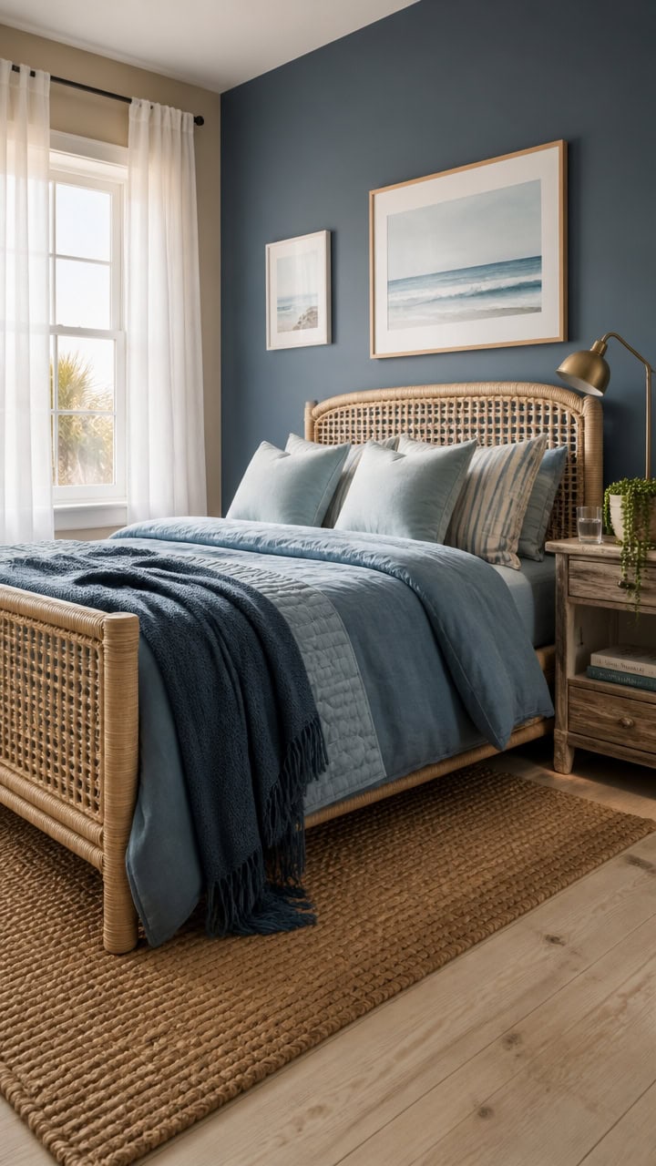 Bright bedroom featuring a rattan bed frame, ocean-themed artwork, and natural light from large windows. Perfect for relaxing.