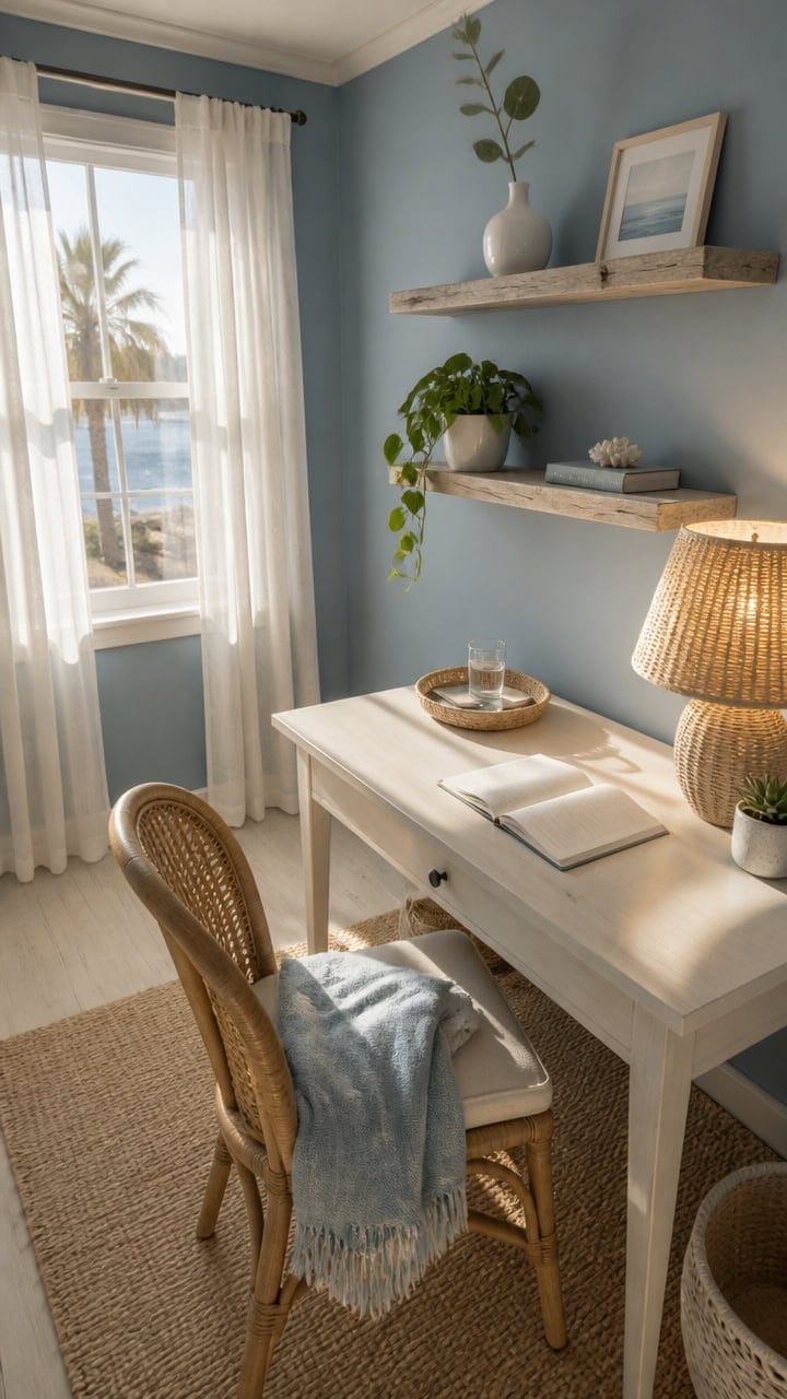 Bright home office with ocean view, white desk, wicker chair, and coastal decor in a sunny room.