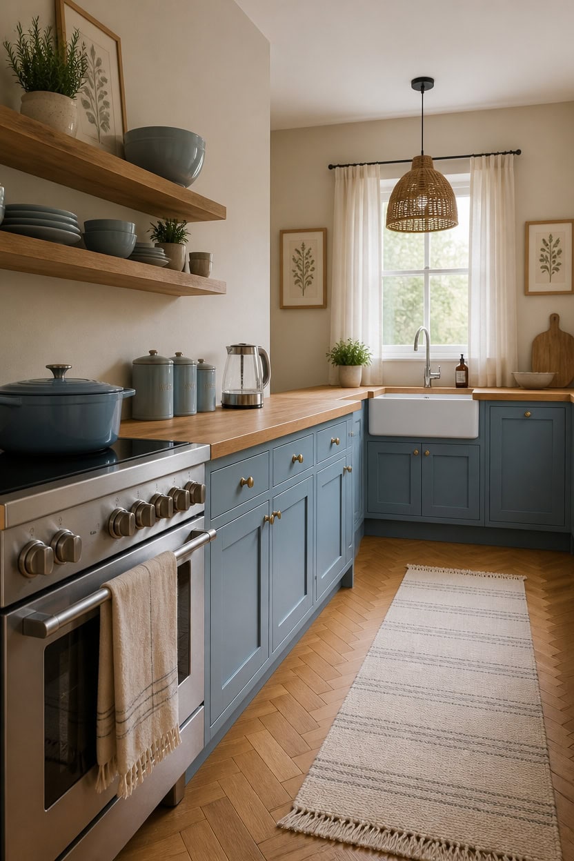 Bright kitchen with blue cabinets, wooden shelves, and natural light from window.