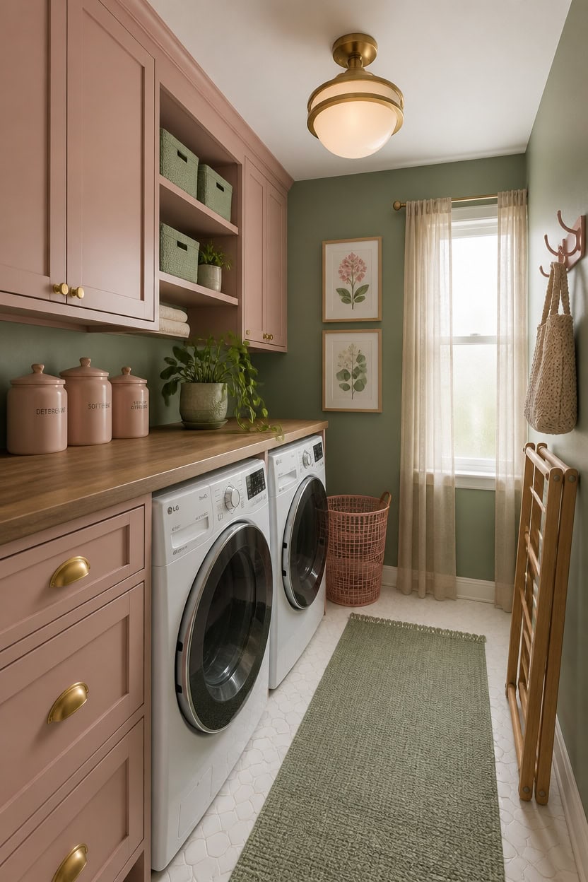 Laundry room with washer and dryer, pastel pink cabinets, and green decor accents.